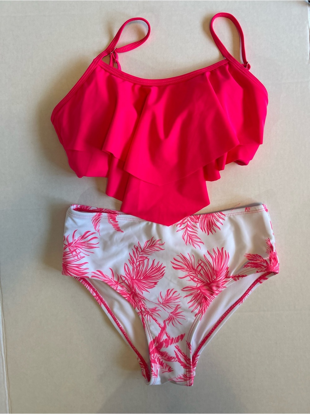 Kids Girls Bright Pink Ruffled Bikini Set with Palm Print Bottoms Size 11Y
